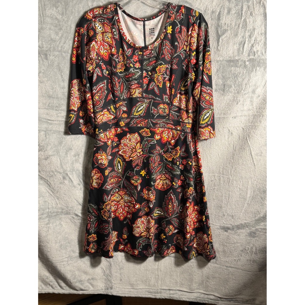 Title Nine Women's Black Floral Print 3/4 Sleeve A-Line Dress Size M